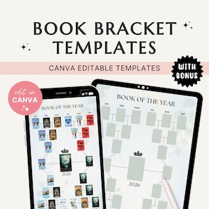 May include: Digital book bracket templates shown on a smartphone and tablet. The templates are labelled "Book of the Year" and are editable in Canva. The image also features the text "Book Bracket Templates" and "Canva Editable Templates."
