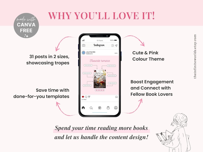 Plantilla de reseña de libro rosa de Bookstagram Trope Plantilla de Bookstagram Book Trope Canva Bookish Publicación de IG de promoción de marketing social de autor imagen 4