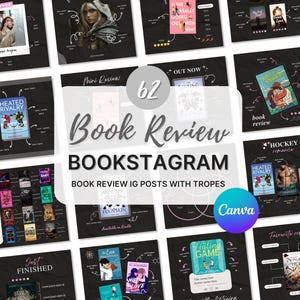 May include: A collection of book review Instagram posts with the text "Book Review BOOKSTAGRAM" and "BOOK REVIEW IG POSTS WITH TROPES". The image features book covers, graphics, and the Canva logo on a black background.