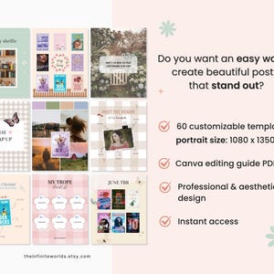 May include: A digital product advertisement featuring templates for social media posts. The image showcases various templates with book-themed designs, including a bookshelf, book covers, and a photo. Text includes "Sunday shelfie," "May Wrap Up," and "Book Lovers."