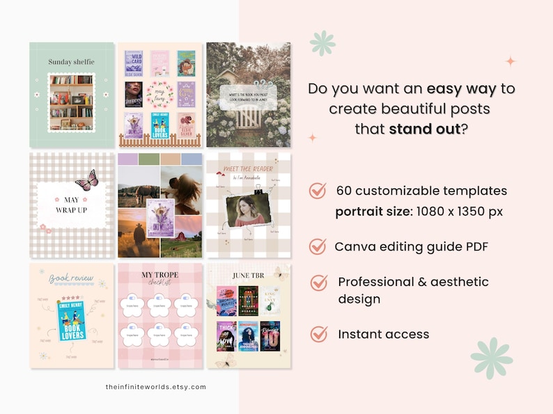 May include: A digital product advertisement featuring templates for social media posts. The image showcases various templates with book-themed designs, including a bookshelf, book covers, and a photo. Text includes "Sunday shelfie," "May Wrap Up," and "Book Lovers."