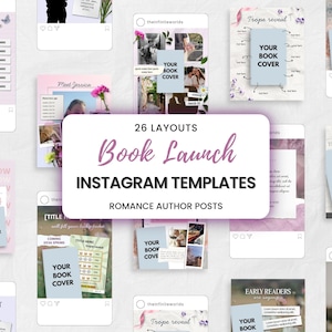 May include: A collection of 26 Instagram templates for book launches, designed for romance authors. The templates feature a soft color palette with space for book covers and text, with examples of how to use them.