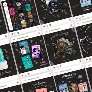 May include: A collection of Instagram-style graphics featuring book covers and related content. The images are on a dark background with white text and illustrations. The graphics promote books with titles like "The Hating Game" and "Quicksilver".