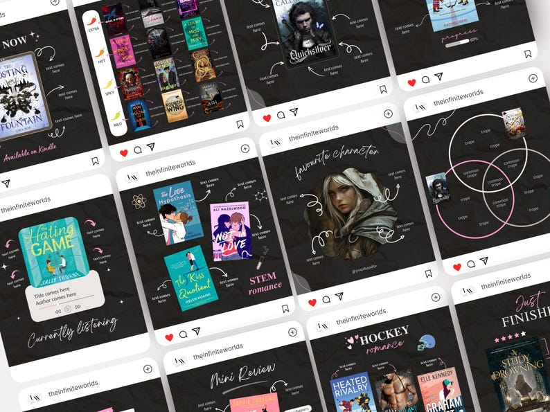 May include: A collection of Instagram-style graphics featuring book covers and related content. The images are on a dark background with white text and illustrations. The graphics promote books with titles like "The Hating Game" and "Quicksilver".