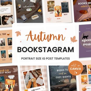 Op de afbeelding: Een verzameling Instagram post templates met een herfstthema. De templates tonen boekomslagen, herfstbladeren en de tekst "Autumn Bookstagram". De templates zijn ontworpen voor portretformaat en kunnen worden bewerkt in Canva.