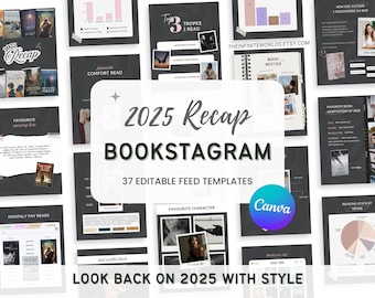 Bookstagram Templates 2025 Yearly Reading Recap Dark Book Review Wrap up Book Lover Instagram Canva Carousel Bookstagram Author Social Media