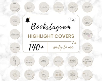May include: A set of 140+ Instagram highlight covers for bookstagram accounts. The covers are in a neutral beige color with black text and simple graphics. The text includes phrases like "Summer Reads", "Wishlist", "Enemies to Lovers", and "Found Family".