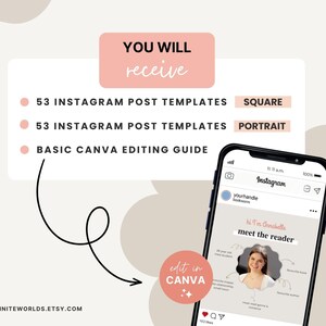 Puede incluir: Un gr&aacute;fico rosa y blanco con el texto "YOU WILL receive" y una lista de elementos: 53 plantillas de publicaciones de Instagram (cuadradas), 53 plantillas de publicaciones de Instagram (verticales) y una gu&iacute;a b&aacute;sica de edici&oacute;n de Canva. Una flecha apunta a una captura de pantalla de un tel&eacute;fono que muestra una plantilla de publicaci&oacute;n de Instagram con el texto "Hi I'm Gonabelle meet the reader".