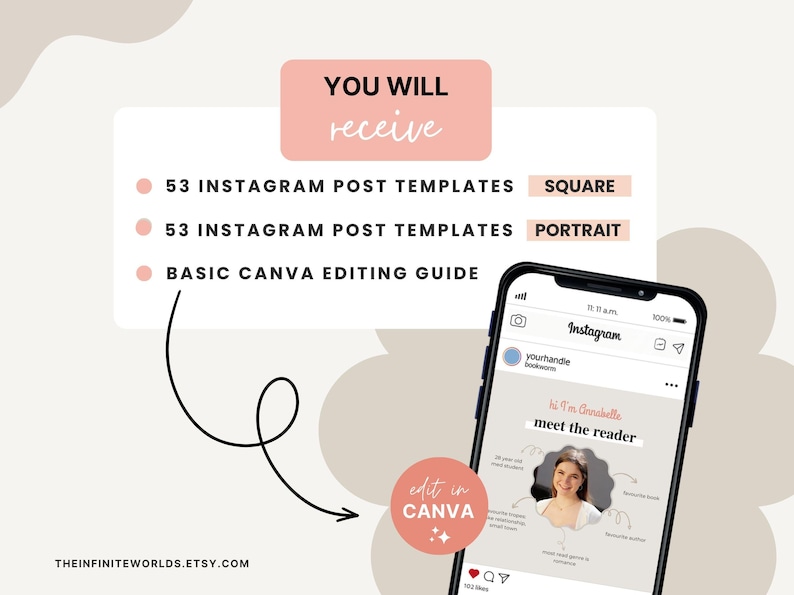 Puede incluir: Un gr&aacute;fico rosa y blanco con el texto "YOU WILL receive" y una lista de elementos: 53 plantillas de publicaciones de Instagram (cuadradas), 53 plantillas de publicaciones de Instagram (verticales) y una gu&iacute;a b&aacute;sica de edici&oacute;n de Canva. Una flecha apunta a una captura de pantalla de un tel&eacute;fono que muestra una plantilla de publicaci&oacute;n de Instagram con el texto "Hi I'm Gonabelle meet the reader".