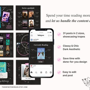 May include: Instagram post design featuring book covers and text. The image includes a phone displaying a book cover, and text that reads "Spend your time reading more books and let us handle the content design!"