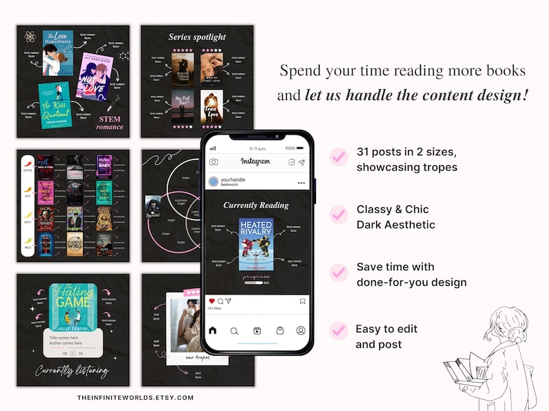 May include: Instagram post design featuring book covers and text. The image includes a phone displaying a book cover, and text that reads "Spend your time reading more books and let us handle the content design!"