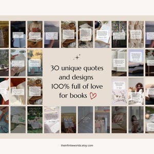 Puede incluir: Un collage de 30 dise&ntilde;os &uacute;nicos con citas sobre libros. Los dise&ntilde;os est&aacute;n en una paleta de colores c&aacute;lidos con una est&eacute;tica vintage. El texto dice "30 citas y dise&ntilde;os &uacute;nicos 100% llenos de amor por los libros".