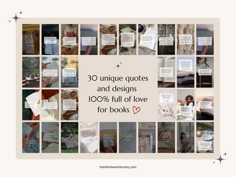 Puede incluir: Un collage de 30 dise&ntilde;os &uacute;nicos con citas sobre libros. Los dise&ntilde;os est&aacute;n en una paleta de colores c&aacute;lidos con una est&eacute;tica vintage. El texto dice "30 citas y dise&ntilde;os &uacute;nicos 100% llenos de amor por los libros".