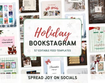 May include: A collection of holiday-themed social media templates. The central image features the text "Holiday BOOKSTAGRAM" with "57 EDITABLE FEED TEMPLATES." Other images include book covers, gift guides, and seasonal graphics. The overall theme is festive and book-related.