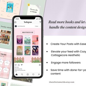 May include: A smartphone displays an Instagram post with book covers and the text "Read more books and let us handle the content design!" Other graphics include book covers and a checklist. The Etsy shop is theinfiniteworlds.etsy.com.