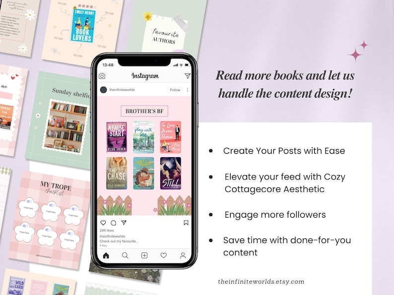 May include: A smartphone displays an Instagram post with book covers and the text "Read more books and let us handle the content design!" Other graphics include book covers and a checklist. The Etsy shop is theinfiniteworlds.etsy.com.