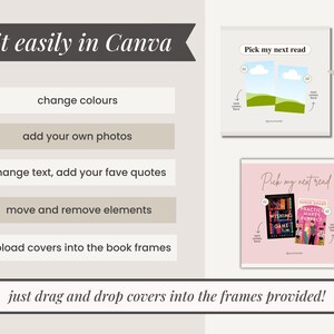 Puede incluir: Una plantilla de Canva para una pantalla de portadas de libros "Pick my next read". La plantilla presenta dos portadas de libros con un fondo rosa y el texto "Pick my next read". La plantilla es personalizable con la posibilidad de cambiar los colores, agregar fotos, cambiar el texto, mover y eliminar elementos, y cargar portadas de libros en los marcos.