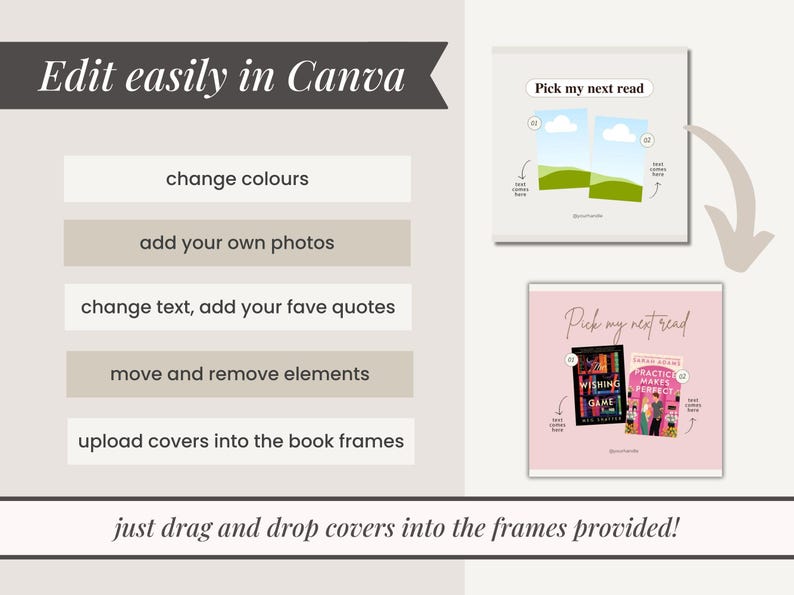 Puede incluir: Una plantilla de Canva para una pantalla de portadas de libros "Pick my next read". La plantilla presenta dos portadas de libros con un fondo rosa y el texto "Pick my next read". La plantilla es personalizable con la posibilidad de cambiar los colores, agregar fotos, cambiar el texto, mover y eliminar elementos, y cargar portadas de libros en los marcos.