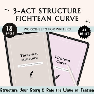 Peut inclure: Deux tablettes numériques avec un fond blanc et des bordures noires. La tablette de gauche affiche le texte "Three-Act structure" et la tablette de droite affiche le texte "Fichtean Curve". Les deux tablettes ont une icône de stylo et le texte "Plotting Worksheets for Writers". Le texte "18 Pages" est dans un cercle en haut à gauche de l'image. Le texte "3-Act Structure Fichtean Curve" est en haut de l'image. Le texte "Worksheets for Writers" est sous le titre. Le texte "A4 US Let" est dans un cercle en haut à droite de l'image. Le texte "Structure Your Story & Ride the Wave of Tension" est en bas de l'image.