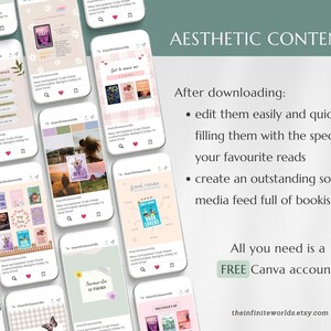 May include: Aesthetic content templates displayed on multiple smartphone screens. The screens showcase various book-themed designs with text and images. The text on the right side of the image says "Aesthetic Content" and "FREE Canva account!"