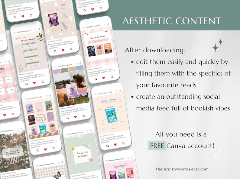 May include: Aesthetic content templates displayed on multiple smartphone screens. The screens showcase various book-themed designs with text and images. The text on the right side of the image says "Aesthetic Content" and "FREE Canva account!"