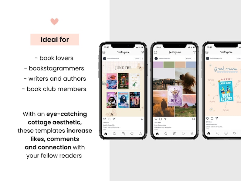 May include: Three smartphones displaying Instagram templates with a cottage aesthetic. The templates are designed for book lovers, bookstagrammers, writers, and book club members. The text on the screen says "JUNE TBR" and "Book review".