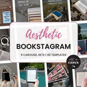 Könnte beinhalten: Aesthetic Bookstagram Vorlagen mit verschiedenen Bildern zum Thema Bücher. Das zentrale Bild zeigt den Text "Aesthetic BOOKSTAGRAM" und "9 CAROUSEL SETS | 40 TEMPLATES". Weitere Bilder zeigen Bücher, Text und den Satz "edit in CANVA".