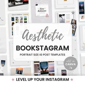 Op de afbeelding: Aesthetic Bookstagram Instagram post templates in portretformaat. De afbeelding toont verschillende sjablonen met boekomslagen, tekst en afbeeldingen. De tekst bevat "New Releases", "Best Series" en "Level Up Your Instagram".