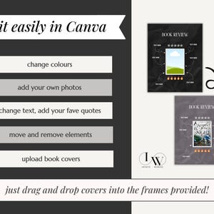 May include: A Canva template for book reviews with two frames for book covers. The template has a black and white background with a crumpled paper effect. The text "BOOK REVIEW" is at the top of each frame. The template is editable and allows users to change colors, add photos, change text, move and remove elements, and upload book covers.