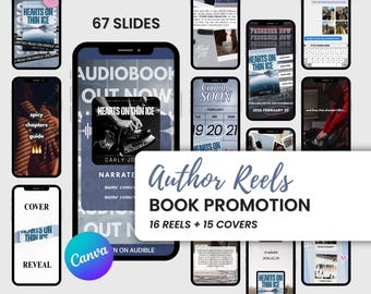 May include: A promotional graphic for a book titled "Hearts on Thin Ice," featuring multiple smartphone mockups. The design includes the text "Author Reels Book Promotion" and "67 Slides," with a Canva logo.