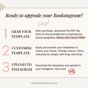 Puede incluir: Un gr&aacute;fico rosa y blanco con el texto "&iquest;Listo para mejorar tu Bookstagram? &iexcl;Vamos!" y tres pasos numerados para personalizar las plantillas de Instagram. Los pasos son: 1. Toma tu plantilla, 2. Personaliza la plantilla, y 3. Sube a Instagram. El texto "&iexcl;Funciona con Canva GRATIS!" est&aacute; resaltado en rosa.