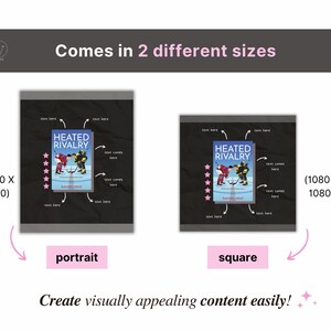 May include: Image showcasing two design templates for content creation. The templates, labeled 'portrait' and 'square,' feature a book cover with hockey players and the title 'Heated Rivalry.' The image includes text prompts and dimensions.