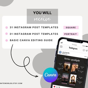 May include: Digital product advertisement featuring a smartphone displaying an Instagram post. The image highlights 31 Instagram post templates in square and portrait formats, plus a basic Canva editing guide. The Canva logo is visible.