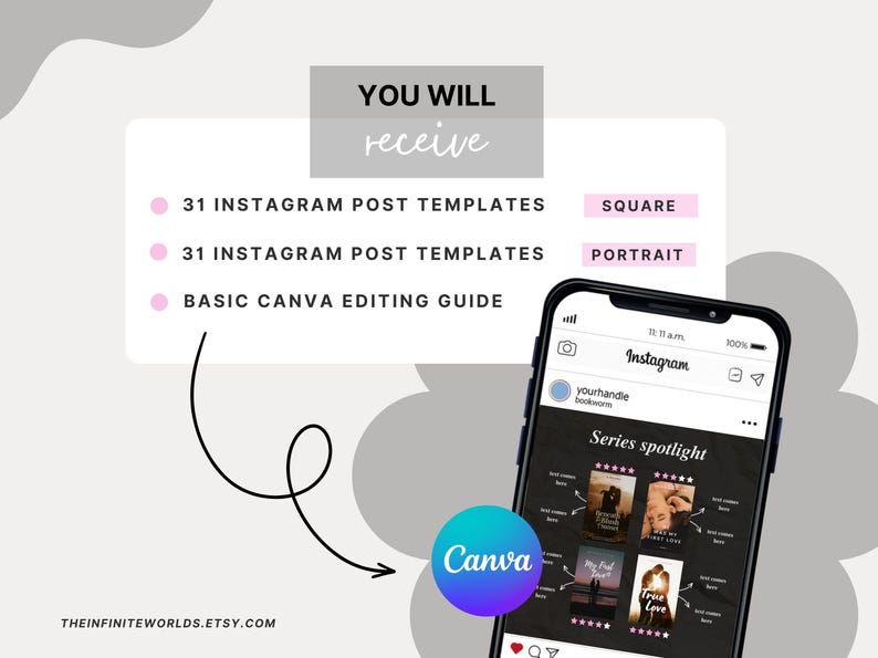 May include: Digital product advertisement featuring a smartphone displaying an Instagram post. The image highlights 31 Instagram post templates in square and portrait formats, plus a basic Canva editing guide. The Canva logo is visible.