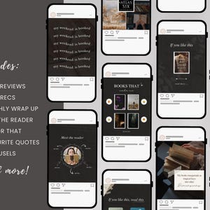 以下が含まれることがあります： 本のブロガー向けのInstagram投稿テンプレートのコラージュ。テンプレートは、白のテキストと画像で黒い背景を特徴としています。一部のテンプレートには、引用、本の推奨、本のレビューが含まれています。テキスト「含まれるもの：」には、本のレビュー、本の推奨、毎月のまとめ、読者との出会い、これかあれか、お気に入りの引用、カルーセルなど、さまざまな種類のコンテンツの箇条書きが記載されています。テキスト「...もっと！ 」も含まれています。
