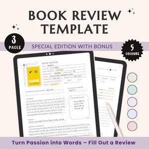 May include: A printable book review template with a yellow cover and the text "Yellowware" on it. The template has sections for title, author, genre, summary, favorite characters, favorite chapters, and favorite quotes. The template is available in five colors.