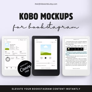 May include: Three Kobo e-reader devices displayed in a row, with two white units flanking a central black unit. The screens show digital interfaces, including reading statistics, a media player, and text with a highlight menu. A black circular badge reads Works with Canva Free.