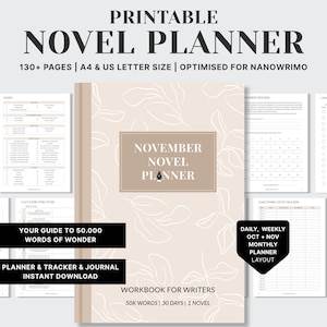 May include: Printable novel planner with 130+ pages, A4 and US letter size. The cover features the text "November Novel Planner" and floral design. Includes planner and tracker, optimized for NaNoWriMo, with a guide to 50,000 words.