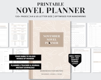 Planificador de novelas (PDF), esquema de novela en 30 días, seguimiento del escritor, desarrollo de personajes, trama, estructura del libro, construcción de mundos, NaNoWriMo 2025