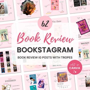 Könnte beinhalten: Eine Collage aus 62 pinkfarbenen und weißen Instagram-Post-Vorlagen für Buchrezensionen mit Textüberlagerungen. Der Text enthält "Book Review", "Bookstagram", "Book Review IG Posts with Tropes", "Mini Review", "Finished", "Collide", "A Court of Wings and Ruin", "Hockey", "Graham Effect", "Favorite Romance", "The Love Hypothesis", "XOXO", "Edit in Canva".
