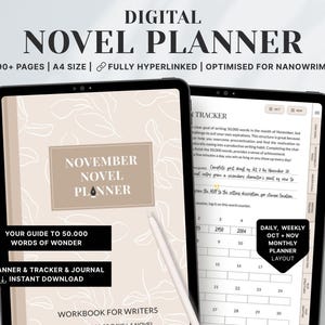 Könnte beinhalten: Digitaler Romanplaner auf einem Tablet, mit einem beige-weißen Design. Der Planer enthält einen November-Romanplaner, einen Tracker und ein Journal. Der Text enthält "Ihr Leitfaden für 50.000 Wörter des Wunders" und "Sofortiger Download."