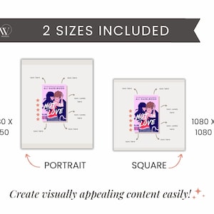 May include: Two mockups of a book cover design with the title "Not in Love" by Ali Hazelwood. The cover features a pink background with a couple in the center. The book cover is shown in two sizes: 1080 x 1350 pixels (portrait) and 1080 x 1080 pixels (square).