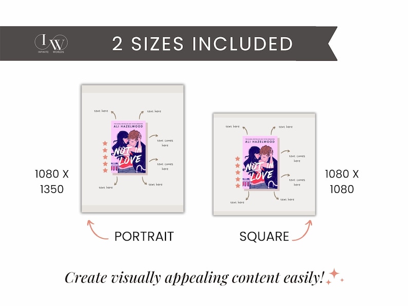 May include: Two mockups of a book cover design with the title "Not in Love" by Ali Hazelwood. The cover features a pink background with a couple in the center. The book cover is shown in two sizes: 1080 x 1350 pixels (portrait) and 1080 x 1080 pixels (square).