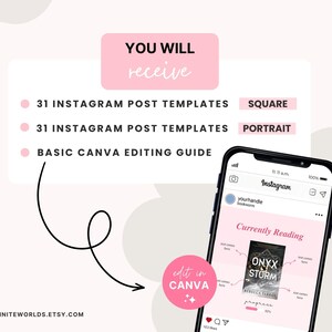 Puede incluir: Un gr&aacute;fico rosa y blanco con el texto "YOU WILL receive" en negro. Debajo del texto hay tres vi&ntilde;etas con el texto "31 INSTAGRAM POST TEMPLATES SQUARE", "31 INSTAGRAM POST TEMPLATES PORTRAIT" y "BASIC CANVA EDITING GUIDE". Un c&iacute;rculo rosa con el texto "edit in CANVA" est&aacute; en la esquina inferior derecha de la imagen. Una maqueta de una publicaci&oacute;n de Instagram est&aacute; en el fondo.