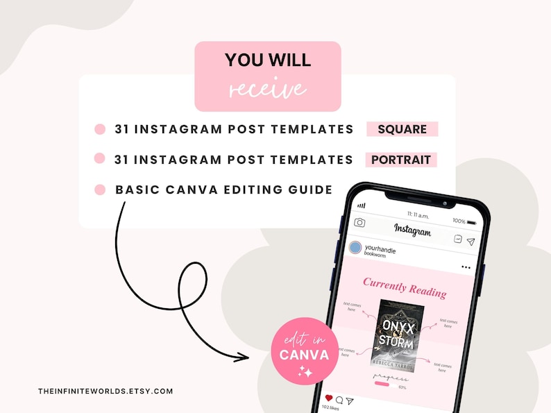 Puede incluir: Un gr&aacute;fico rosa y blanco con el texto "YOU WILL receive" en negro. Debajo del texto hay tres vi&ntilde;etas con el texto "31 INSTAGRAM POST TEMPLATES SQUARE", "31 INSTAGRAM POST TEMPLATES PORTRAIT" y "BASIC CANVA EDITING GUIDE". Un c&iacute;rculo rosa con el texto "edit in CANVA" est&aacute; en la esquina inferior derecha de la imagen. Una maqueta de una publicaci&oacute;n de Instagram est&aacute; en el fondo.