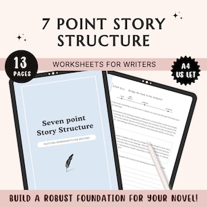 Peut inclure: Une tablette numérique affichant une feuille de travail pour les écrivains intitulée "Seven Point Story Structure". La feuille de travail est conçue pour aider les écrivains à construire une base solide pour leur roman. La tablette est sur un fond rose et blanc avec un motif d'étoile.