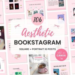Puede incluir: Una plantilla de diseño gráfico rosa y blanca para Instagram con 106 publicaciones estéticas de Bookstagram. La plantilla incluye una variedad de diseños para publicaciones cuadradas y verticales, que incluyen portadas de libros, citas y reseñas. El texto "edit in Canva" está incluido en el diseño.