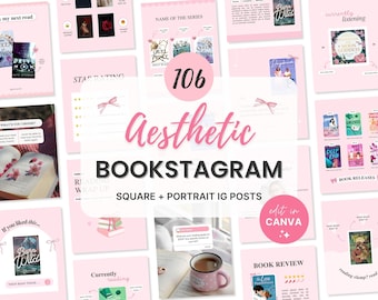 May include: A pink and white graphic design template for Instagram featuring 106 aesthetic bookstagram posts. The template includes a variety of layouts for square and portrait posts, including book covers, quotes, and reviews. The text "edit in Canva" is included in the design.