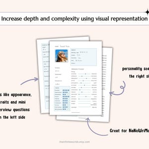 May include: A printable character sheet for role-playing games. The sheet includes sections for basic information, personality traits, and a visual representation of personality scales.