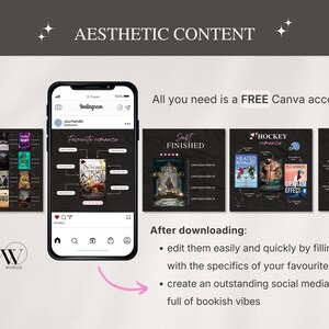 May include: Aesthetic content social media templates for Instagram, featuring book covers and the text "Favorite romance". The image includes a smartphone displaying a template and the text "All you need is a FREE Canva account!"
